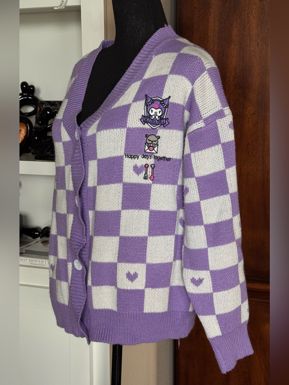 Sanrio Purple and White Checkered Cardigan Sweater